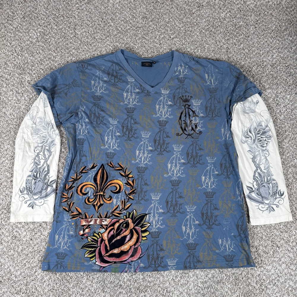 Christian Audigier Shirt Mens 4XL Blue Fleur De Lis‎ Tattoo Graphic Y2K